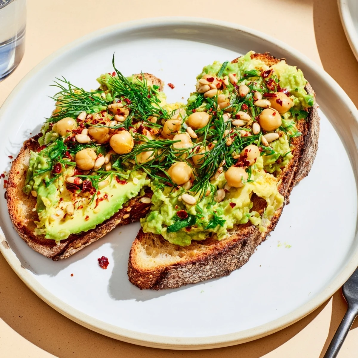 Textured avocado toast with chickpeas, garnished with vibrant herbs, ready to be enjoyed.