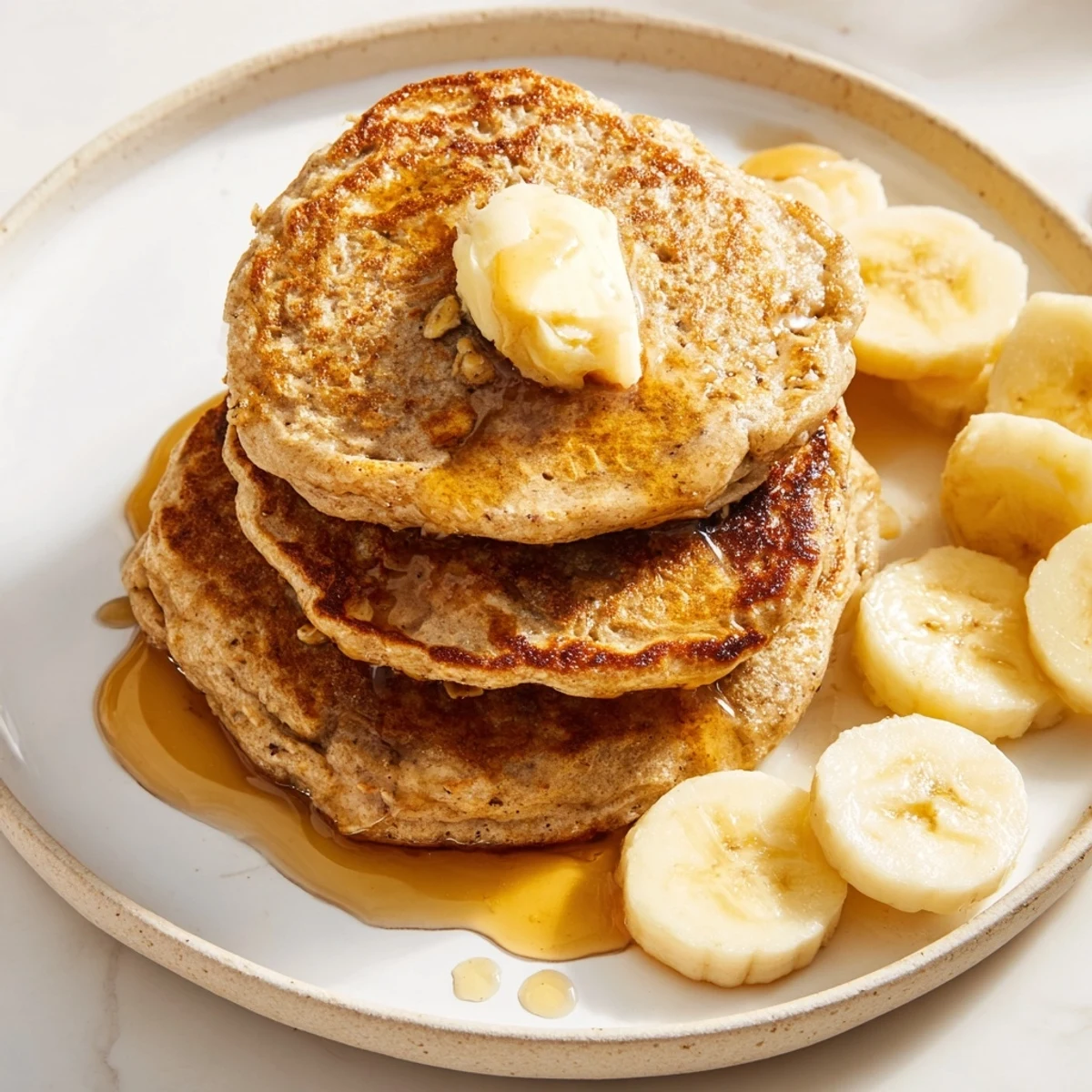Stack of delicious banana oat pancakes, drizzled with syrup and topped with fresh berries.