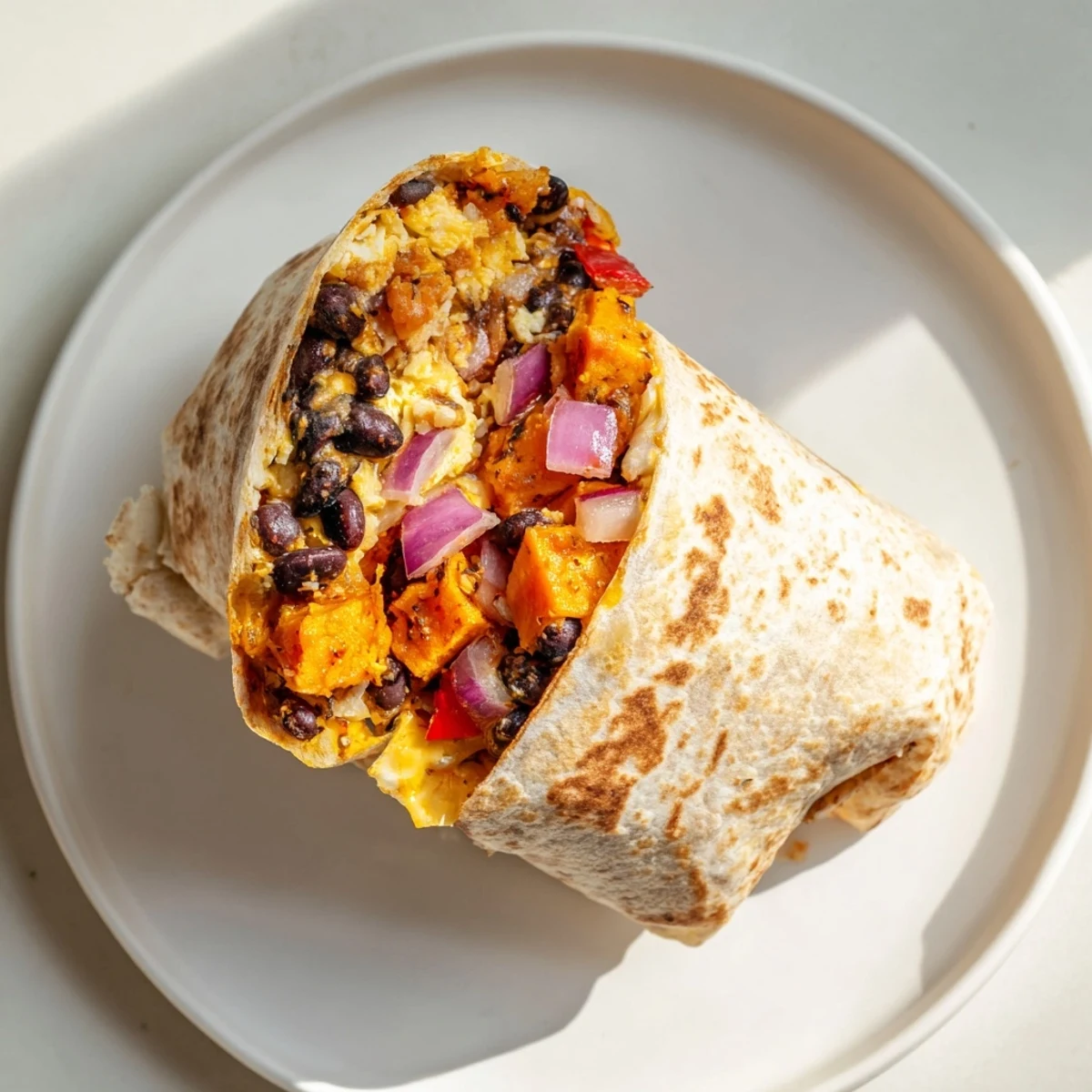 Steaming plate with a hearty Sweet Potato & Black Bean Breakfast Burrito, inviting with fresh salsa.