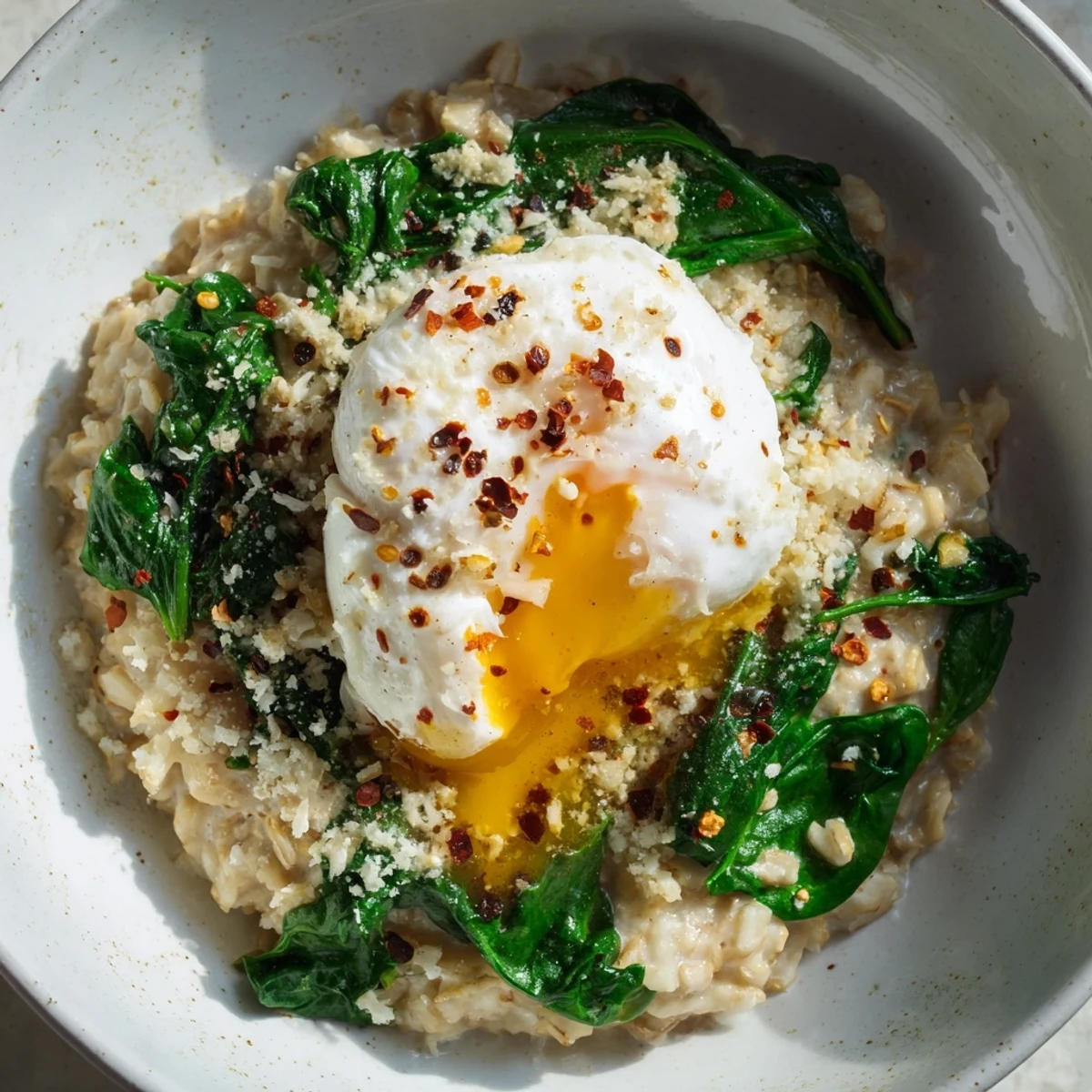 Creamy savory oatmeal topped with wilted spinach, a perfectly poached egg, ready to be enjoyed.