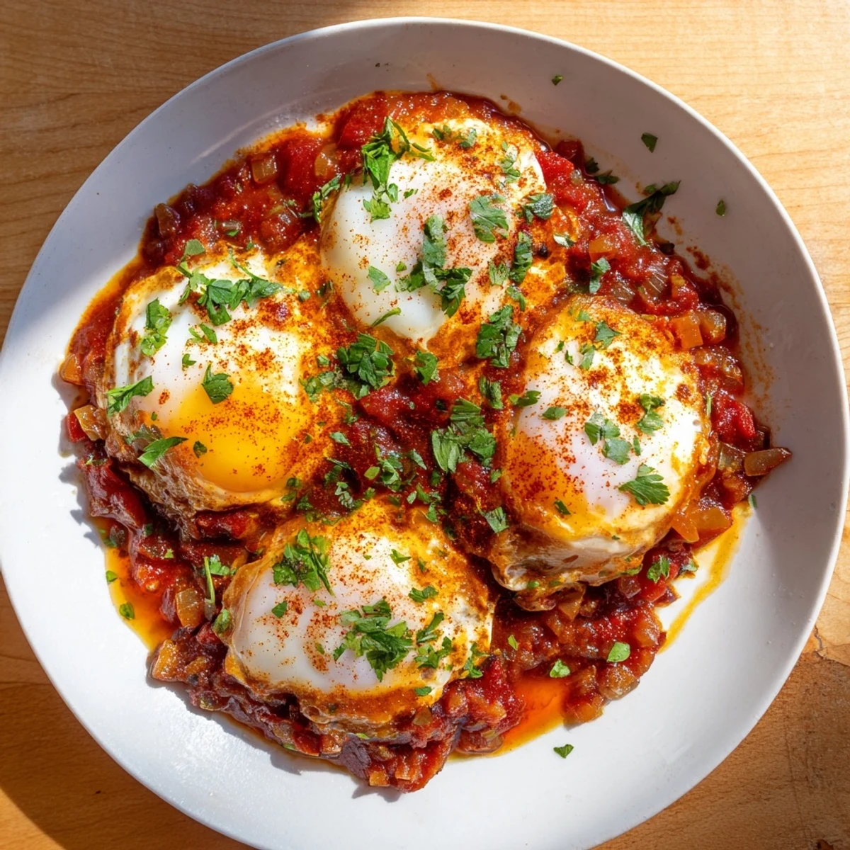 Savoury baked eggs in tomato sauce with vibrant sauce and golden yolks, served with crusty bread.