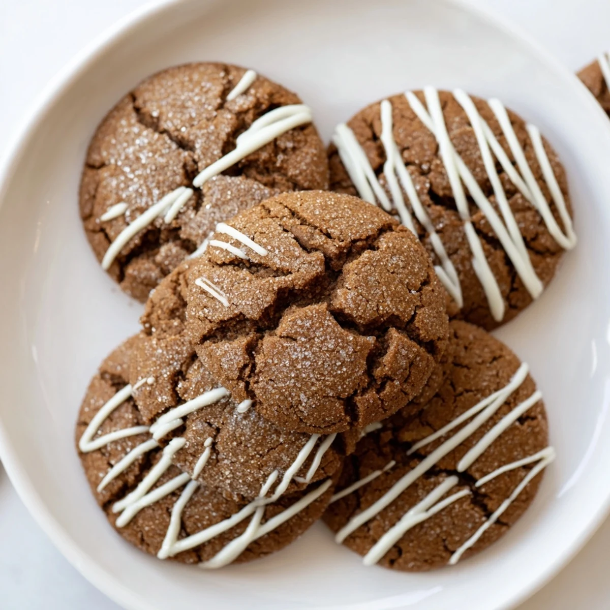 Warm gingerbread latte cookies with a white chocolate drizzle, ready for a winter treat.