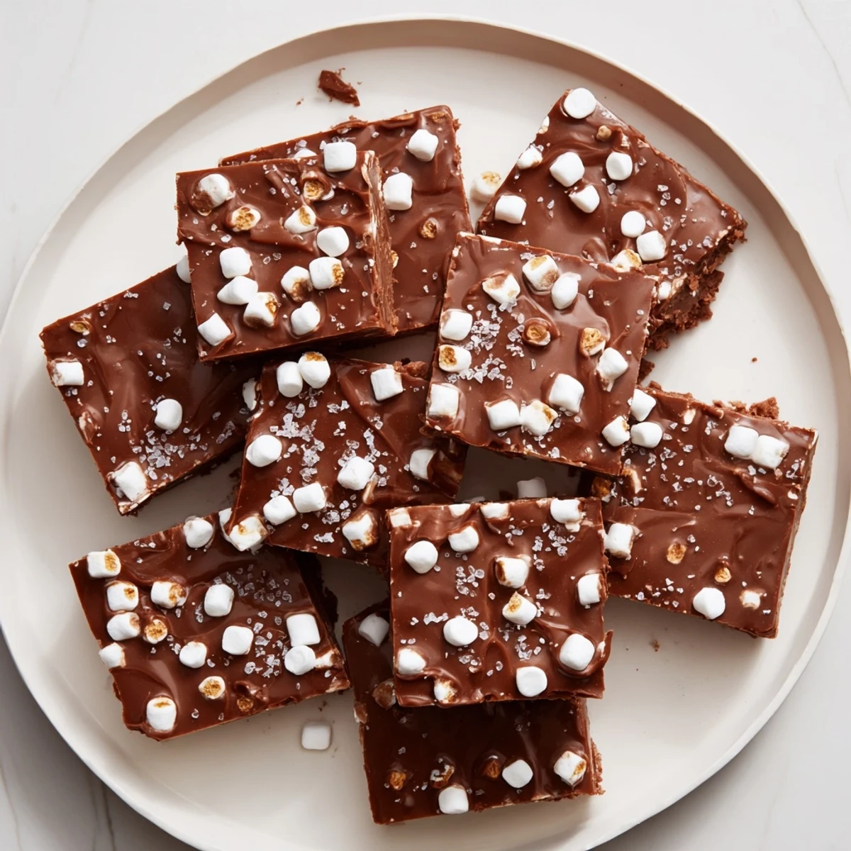 Close-up of Easy Marshmallow Fudge, brimming with melted chocolate and fluffy marshmallows, ready to eat.