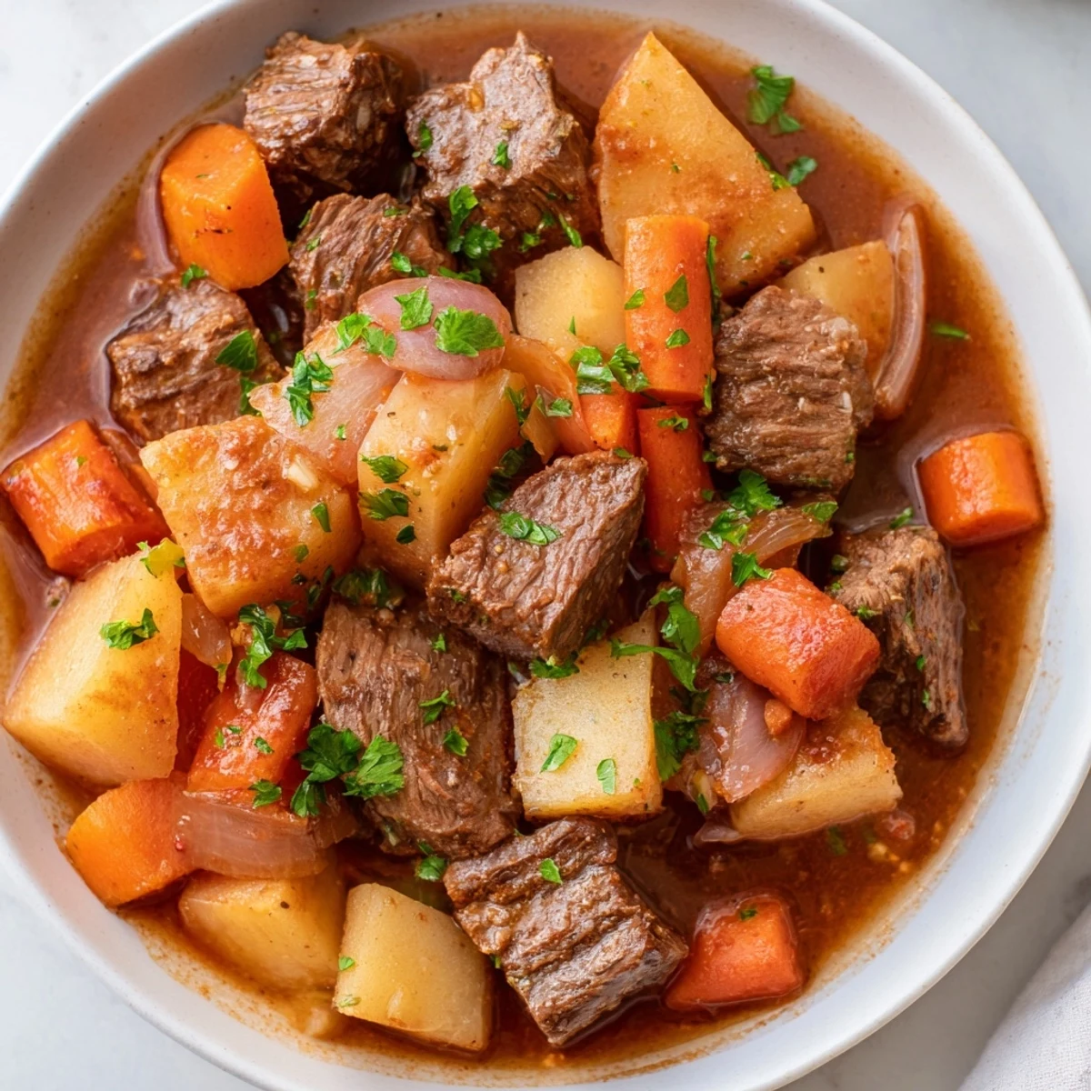 A close-up of steaming Instant Pot Beef Stew showcasing tender beef and colorful veggies.