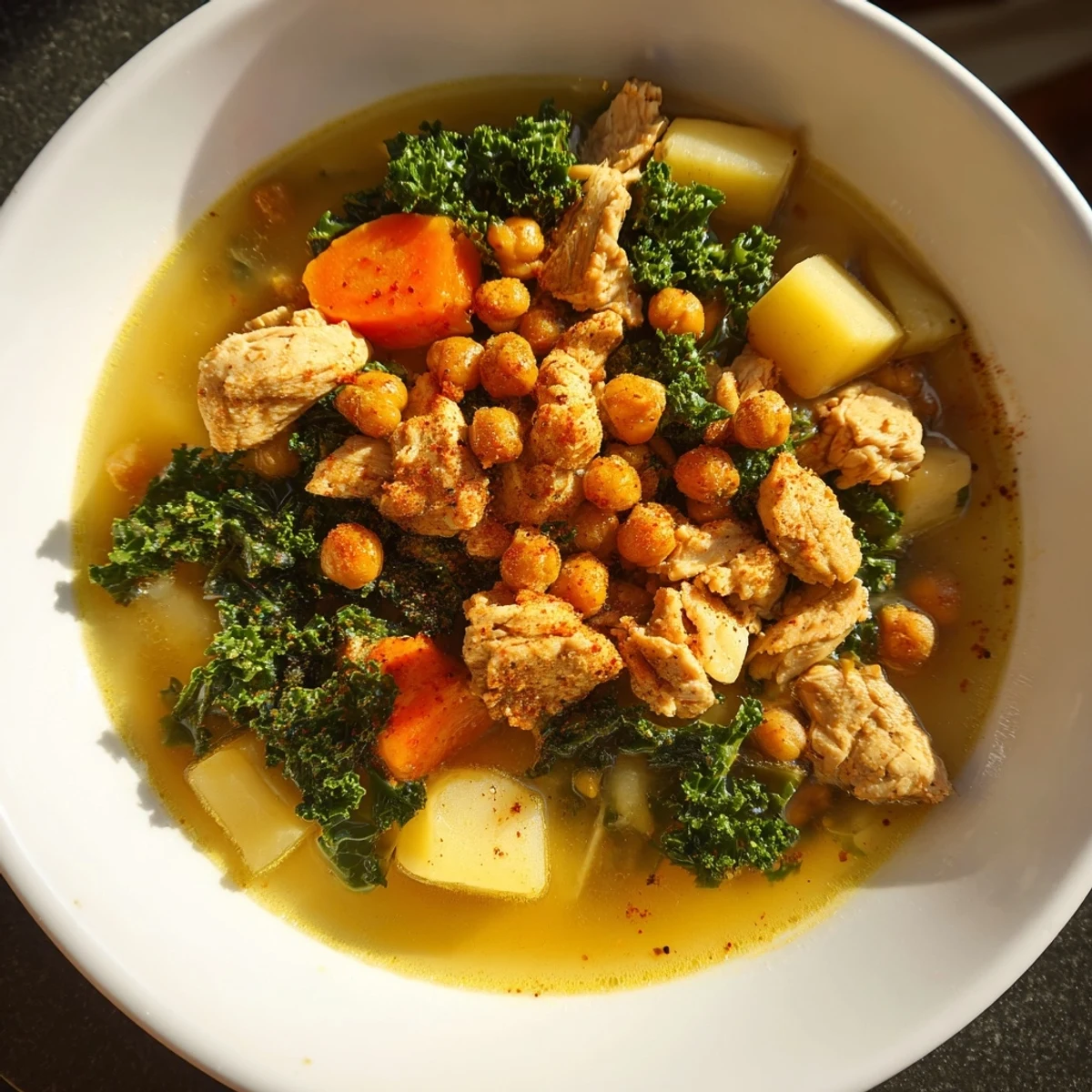 Chicken Kale Soup with Crispy Chickpeas, a comforting bowl topped with golden, crunchy chickpeas.
