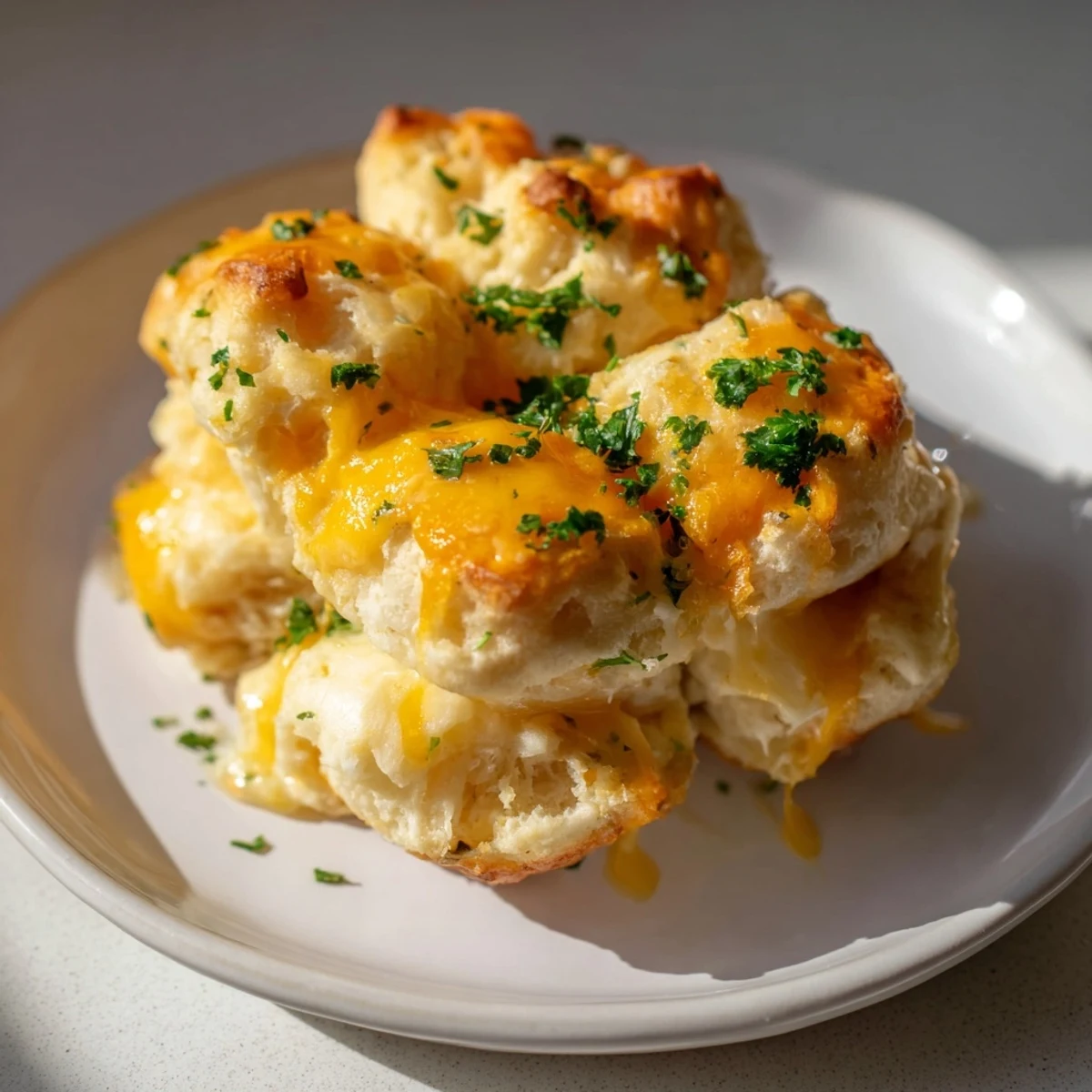 Pulling apart a Mini Cheddar Bay Biscuit, revealing soft insides, and packed with savory flavor.