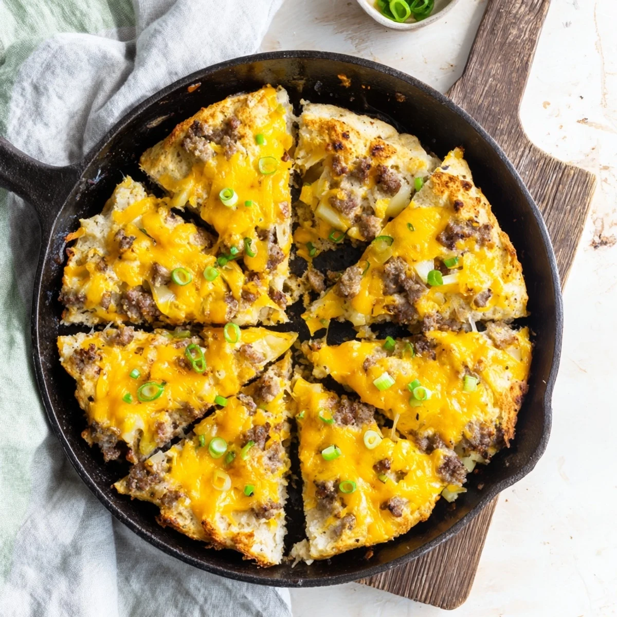 Golden and bubbly Savory Apple, Sausage, and Cheddar Scone Skillet, perfect for a cozy brunch.