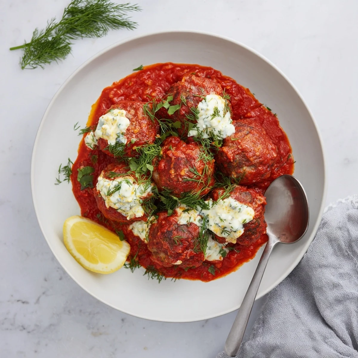 Steaming Instant Pot Greek-Style Meatballs with a rich tomato sauce, ready to be topped with feta.