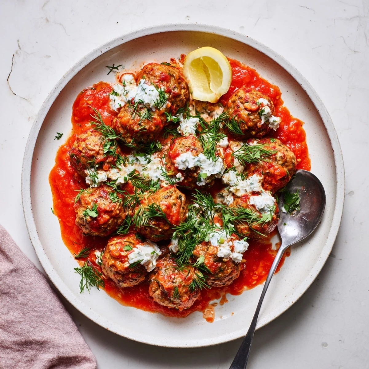 A close-up of delicious Instant Pot Greek-Style Meatballs, served with lemon wedges and fresh herbs.