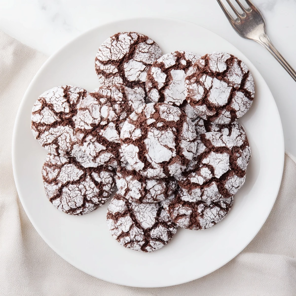 A plateful of soft, fudgy chocolate crinkle cookies, a classic American dessert, perfect with milk.