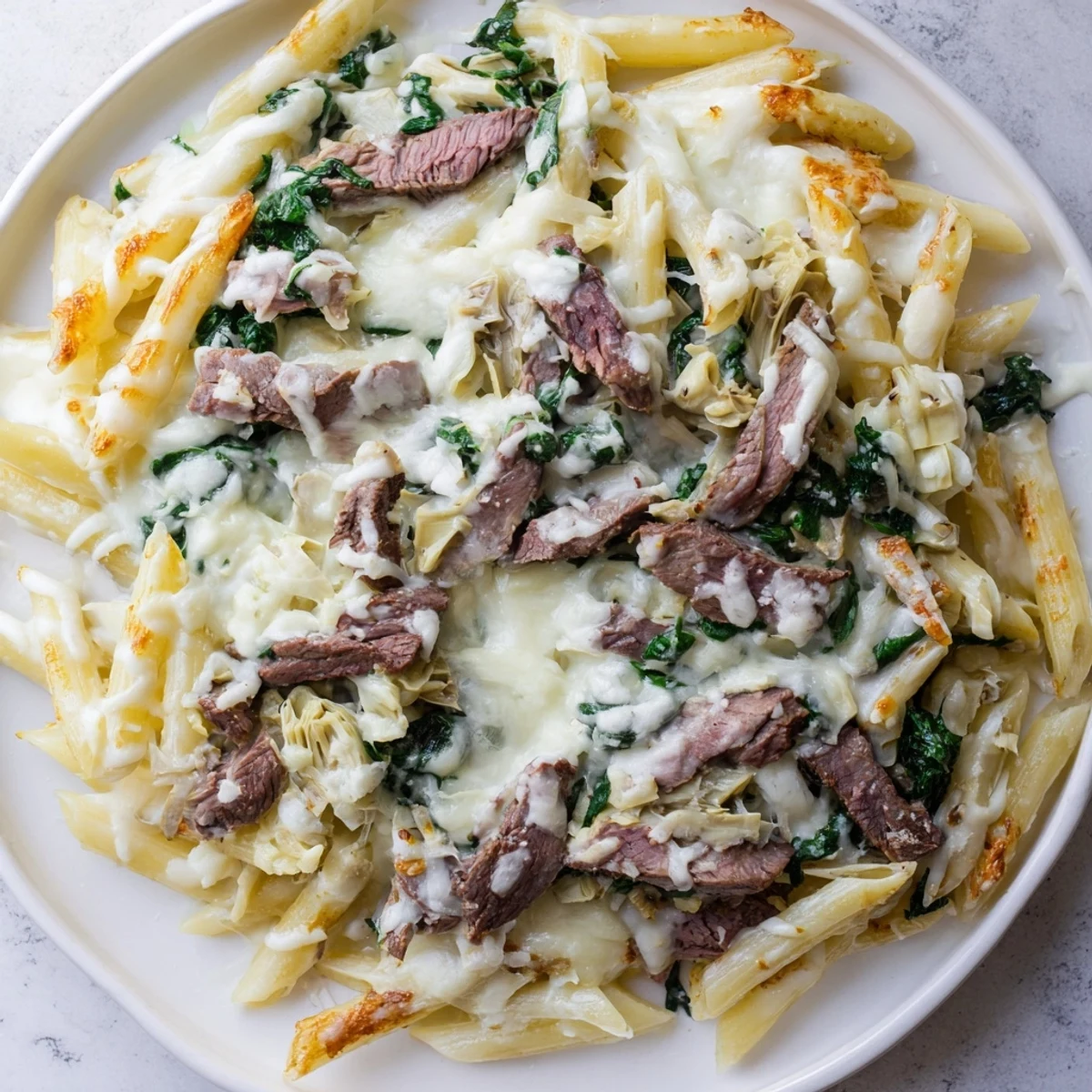 A close-up shot of the savory Steak & Spinach Artichoke Pasta Bake, bubbling with creamy sauce and golden cheese.