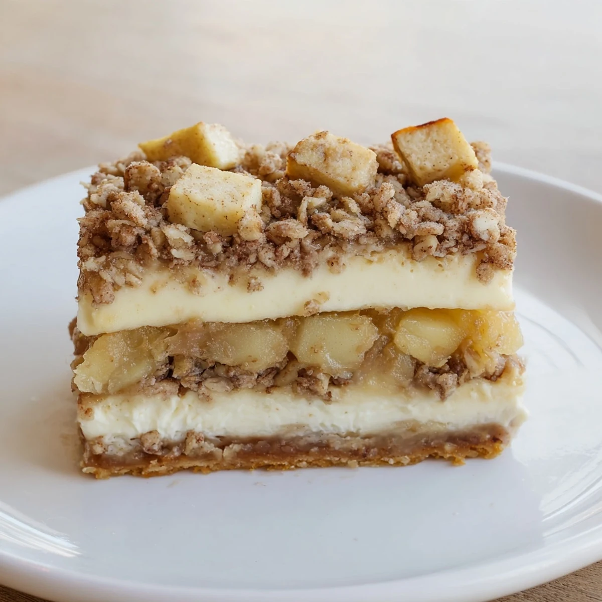 Golden-brown Apple Crisp Cheesecake Bars, a delightful dessert with a perfect creamy, fruity, and crispy texture.