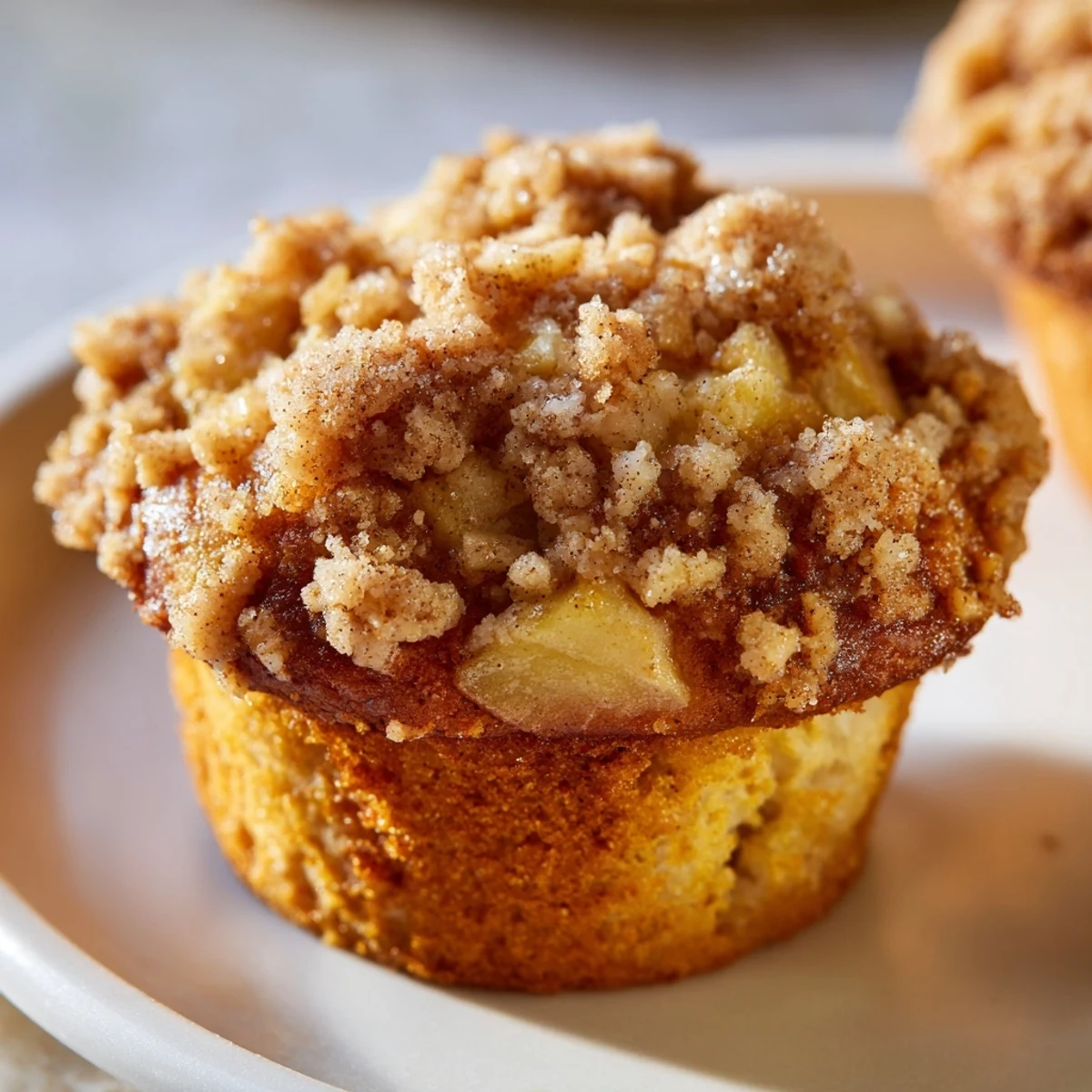 Golden-brown, crumb-topped tasty apple muffins bursting with cinnamon, perfect for breakfast.