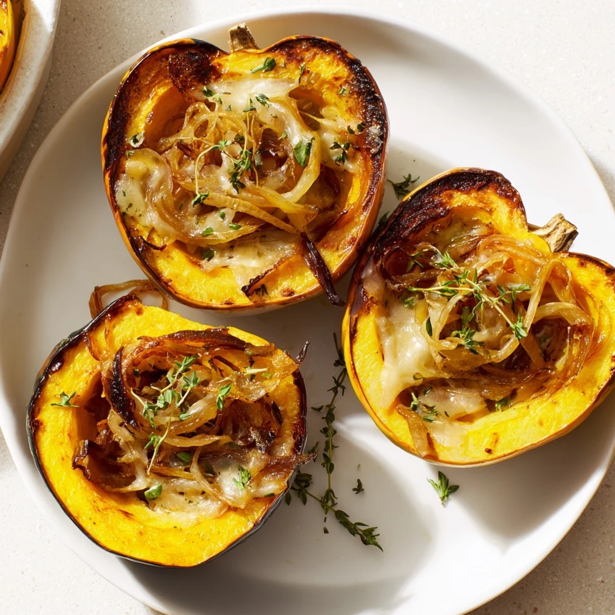 Caramelized Onion Gruyere Squash, melting Gruyere over tender acorn squash, a vegetarian delight.