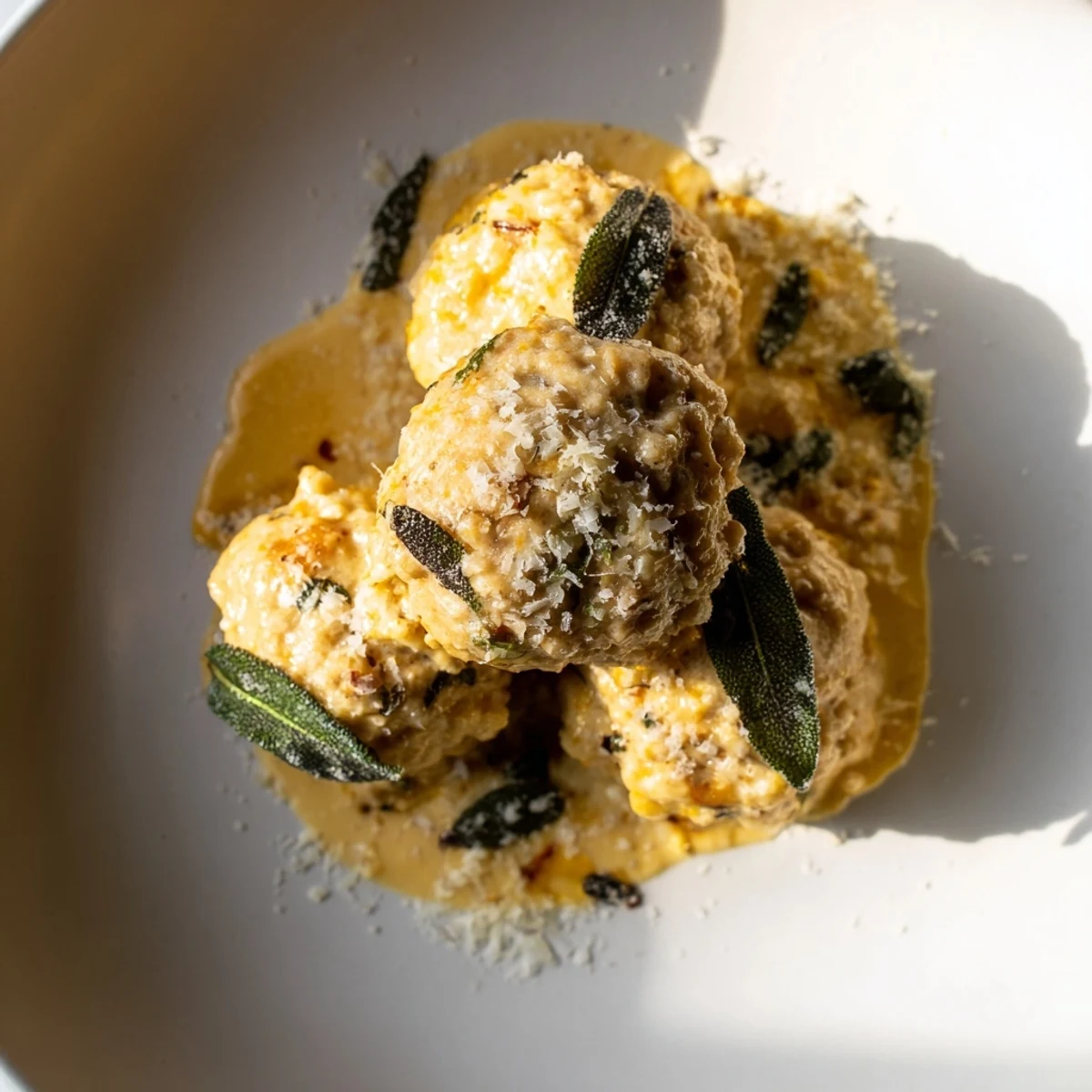 A close-up of tender Easy Turkey Meatballs, glistening in a rich pumpkin sage sauce after simmering.