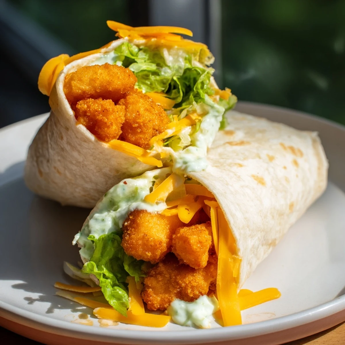 Golden, crispy chicken ranch snack wrap, brimming with cheese and fresh lettuce, ready to savor.