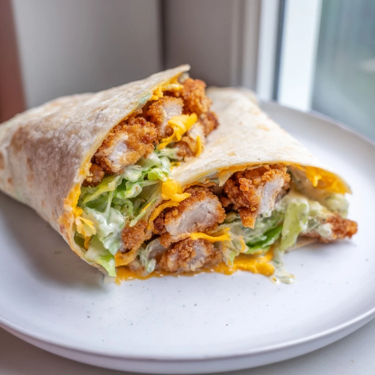 Tempting view of a fully assembled crispy chicken ranch snack wrap, ready to eat, flavorful and easy.