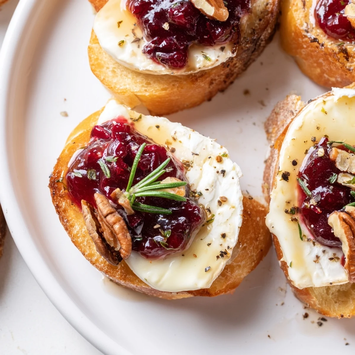 Warm, melty Brie tops toasted baguette rounds, piled high with cranberry sauce for Quick Cranberry Brie Crostini.