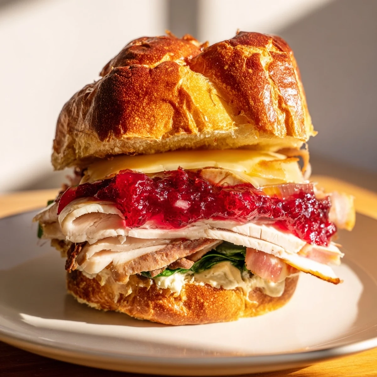 Golden-grilled Budget Christmas Sandwich on Brioche, layered with turkey, cranberry sauce, cheese, and stuffing.