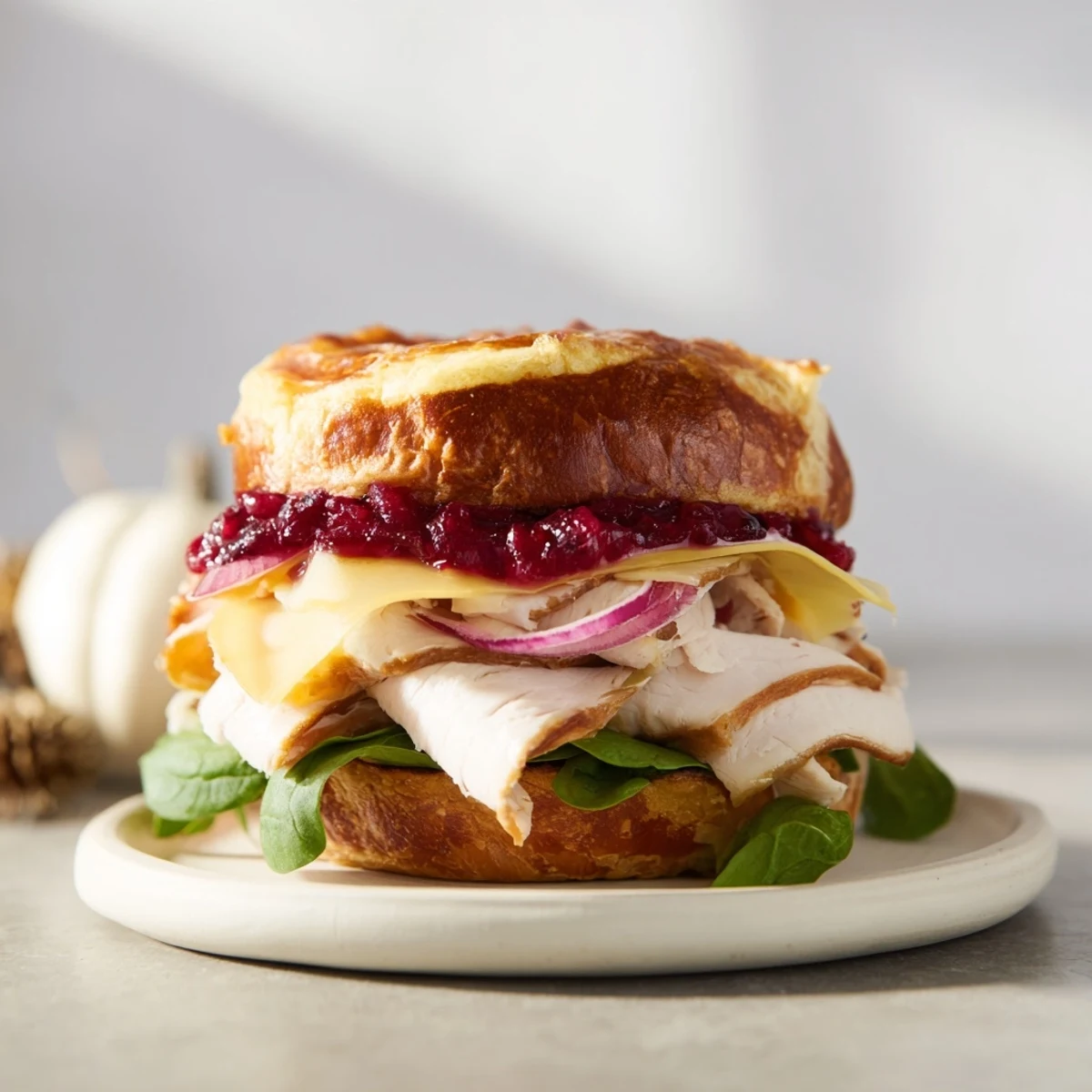 A cross-section showing a delicious Budget Christmas Sandwich on Brioche with visible holiday fillings.