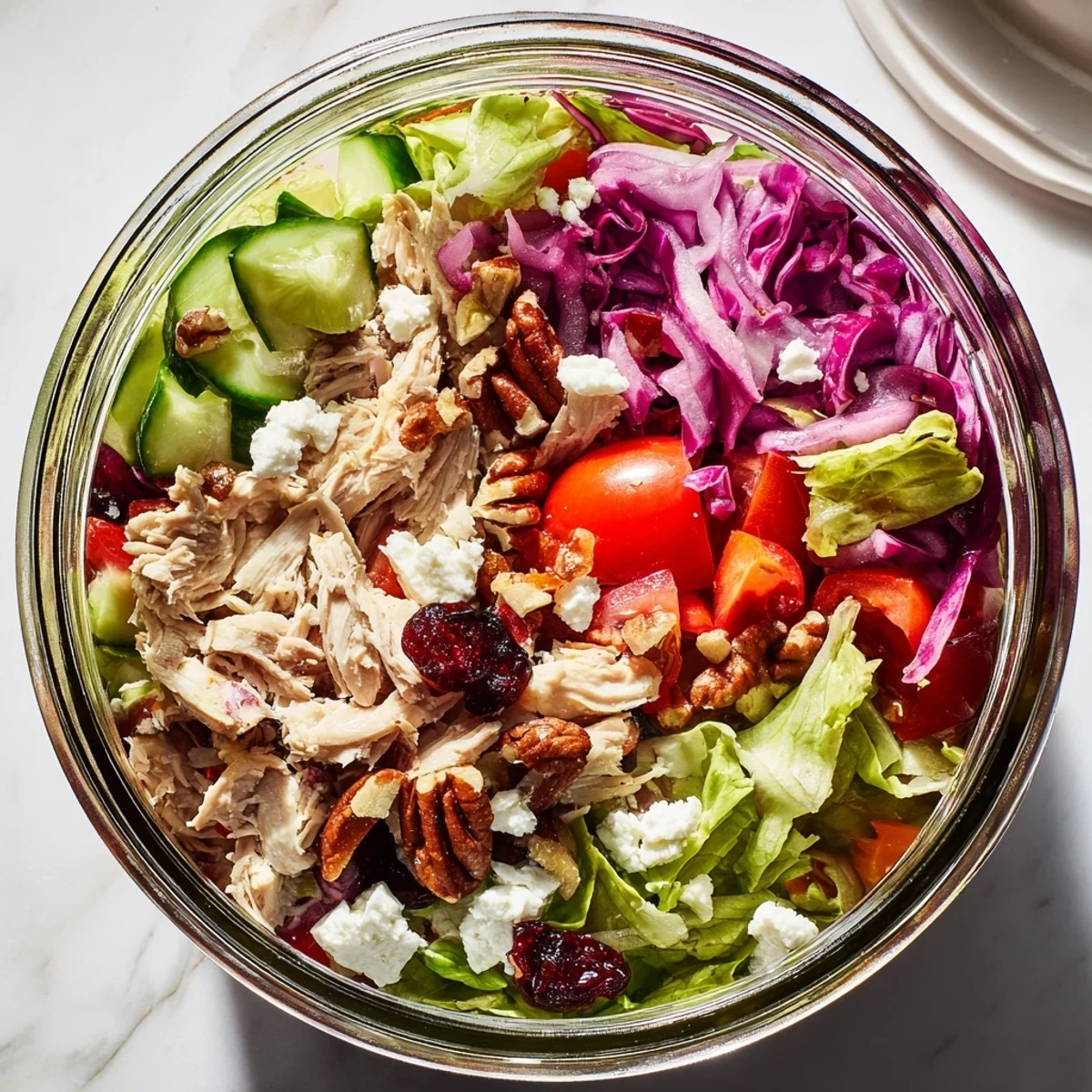 A vibrant view of Layered Holiday Chopped Chicken Salad Jar, featuring tender chicken and festive cranberries.
