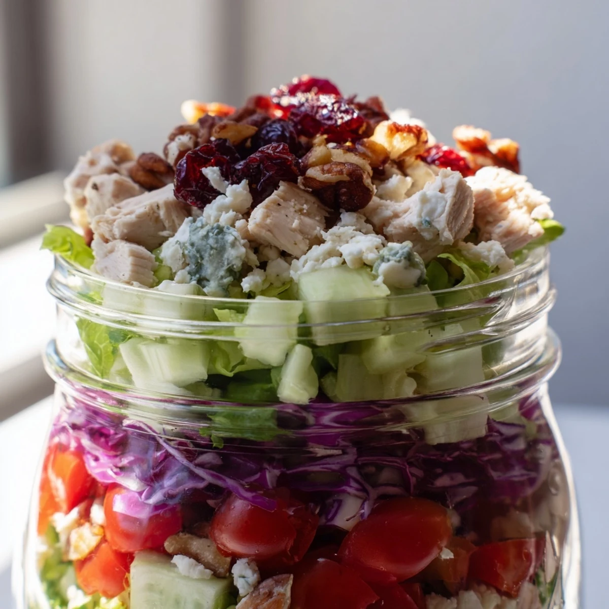 Delicious and layered, this Holiday Chopped Chicken Salad Jar shows fresh, chopped salad ready to eat.