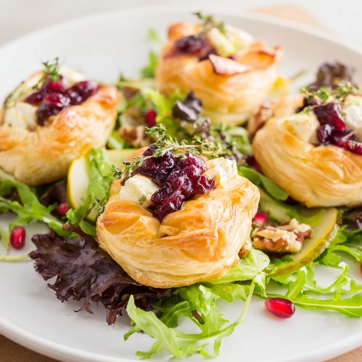Golden, flaky Cranberry and Brie Flower Bites, warm brie oozing from a pastry flower, atop a green salad.