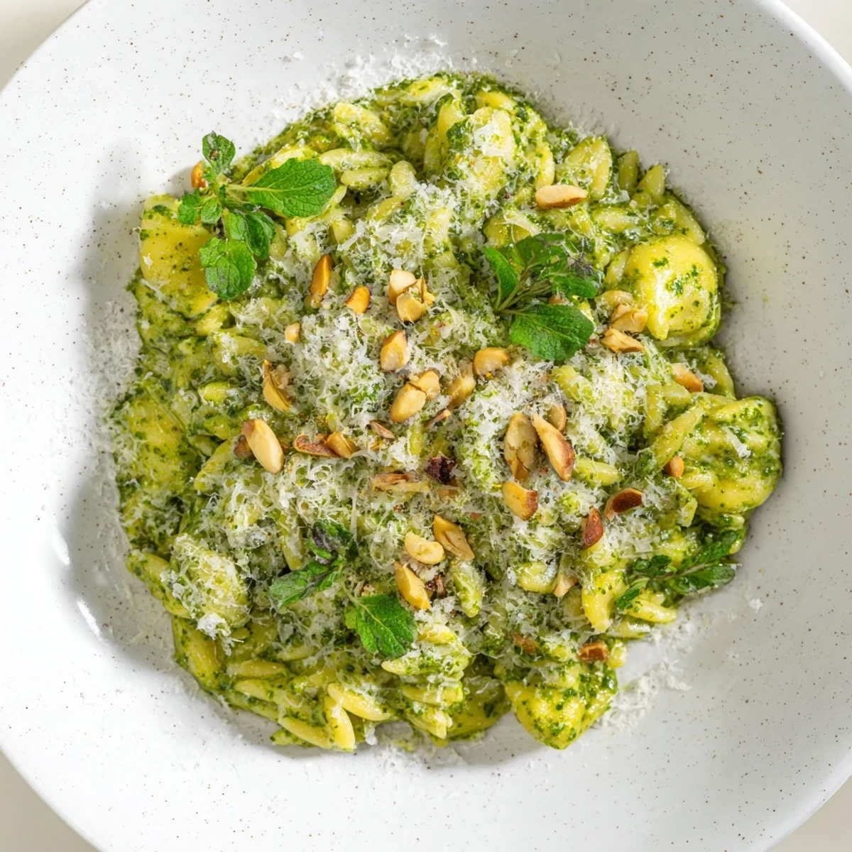 Steaming bowl of 15-Minute Creamy Pesto Risoni, garnished with fresh basil and toasted pine nuts.