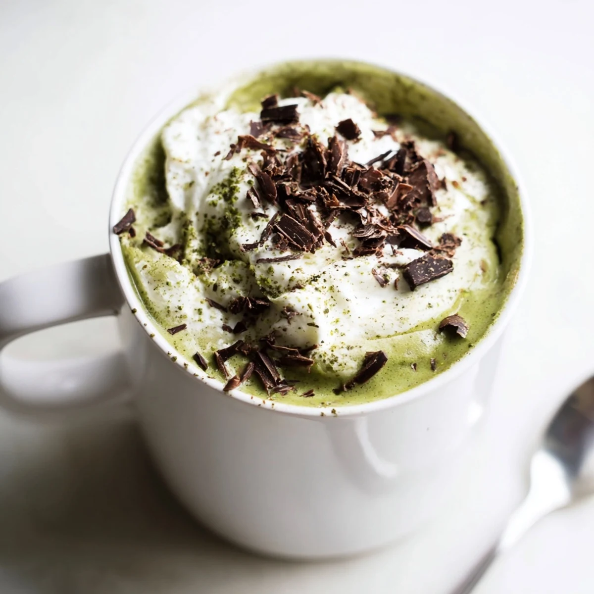 Steaming mug of Matcha Hot Cocoa Protein Mug boasting fluffy whipped cream and dark chocolate shavings.