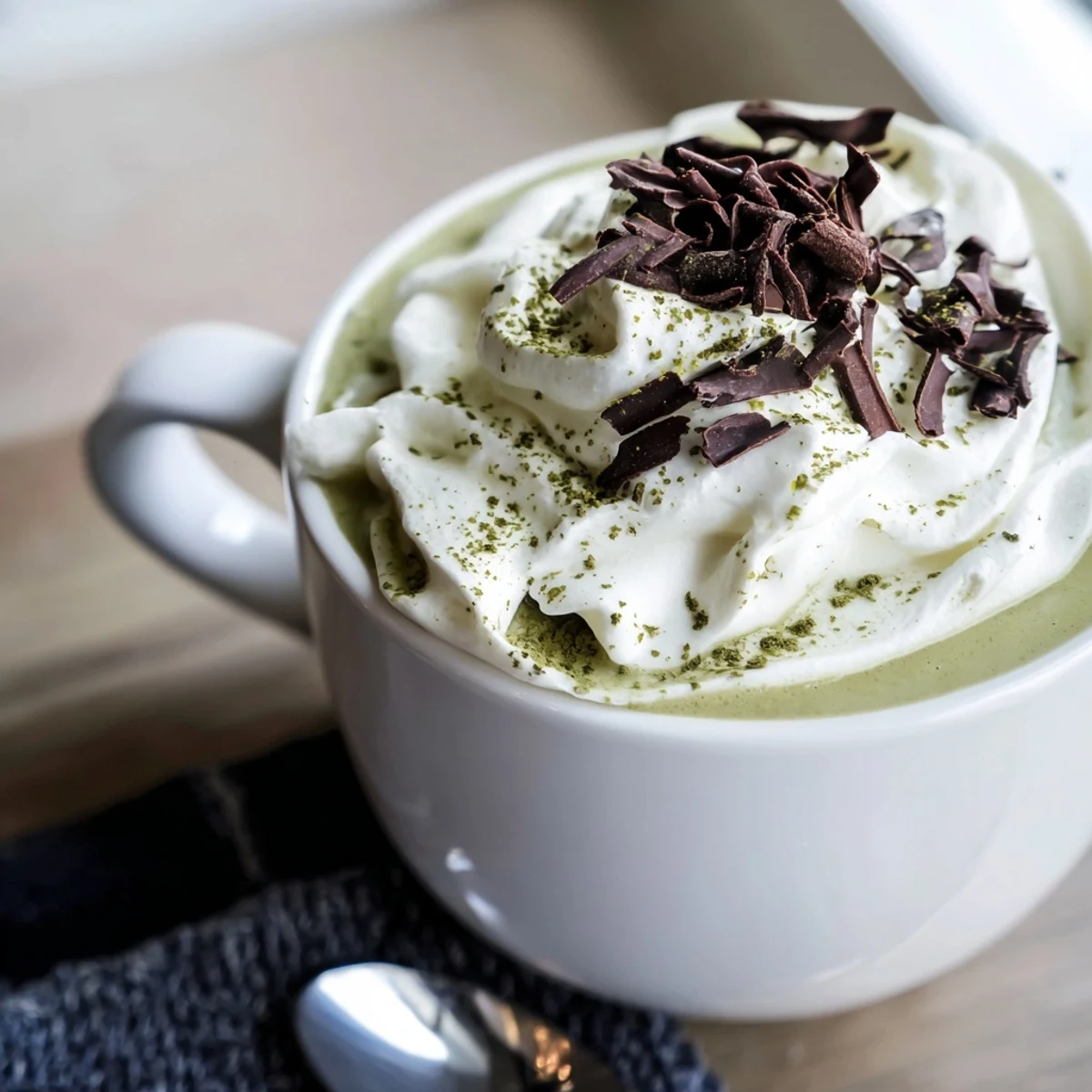 A warm, quick breakfast of Matcha Hot Cocoa Protein Mug, topped with cocoa powder, ready in minutes.