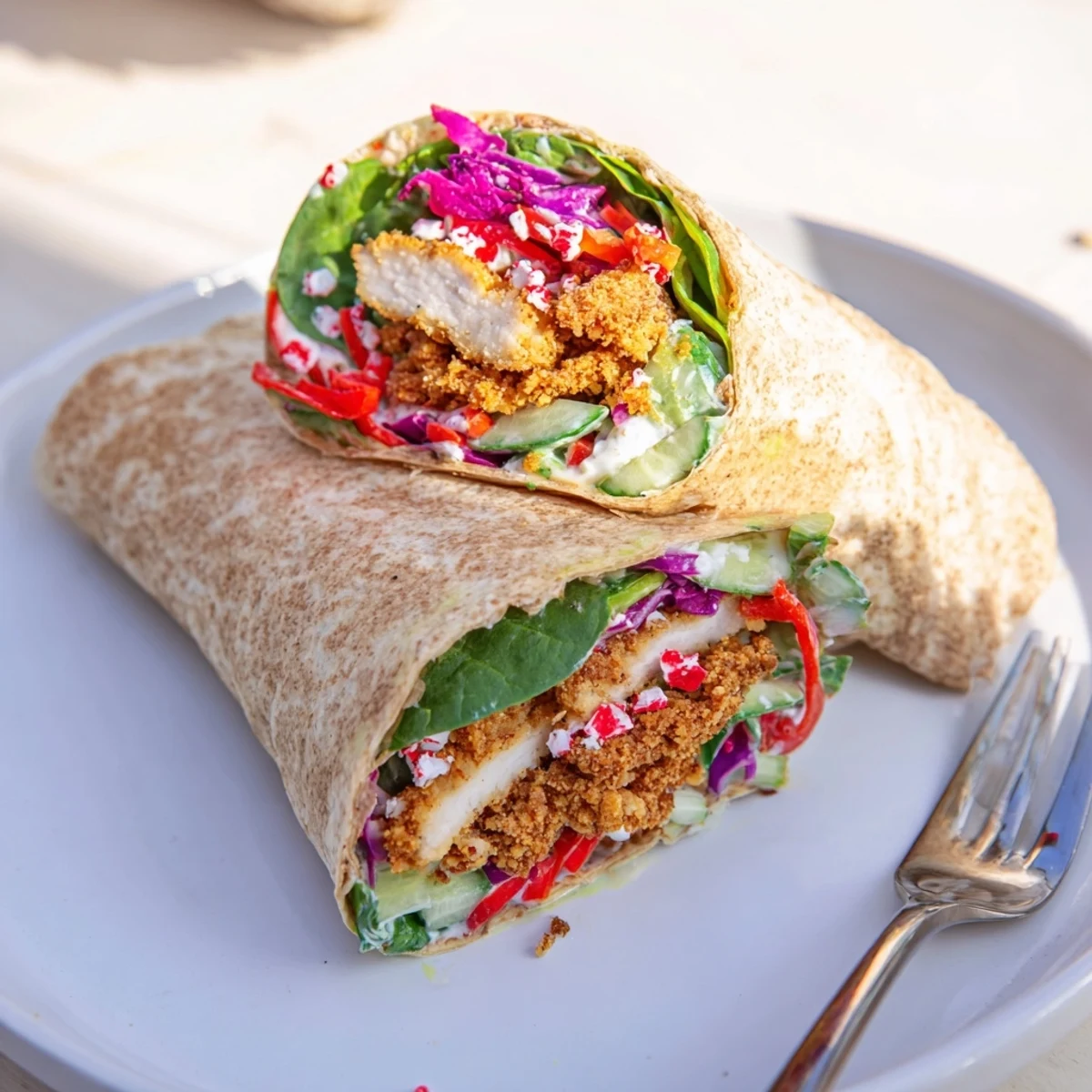 Crispy Candy Cane Crunch Chicken Veggie Wrap, showcasing colorful filling and tender chicken strips.