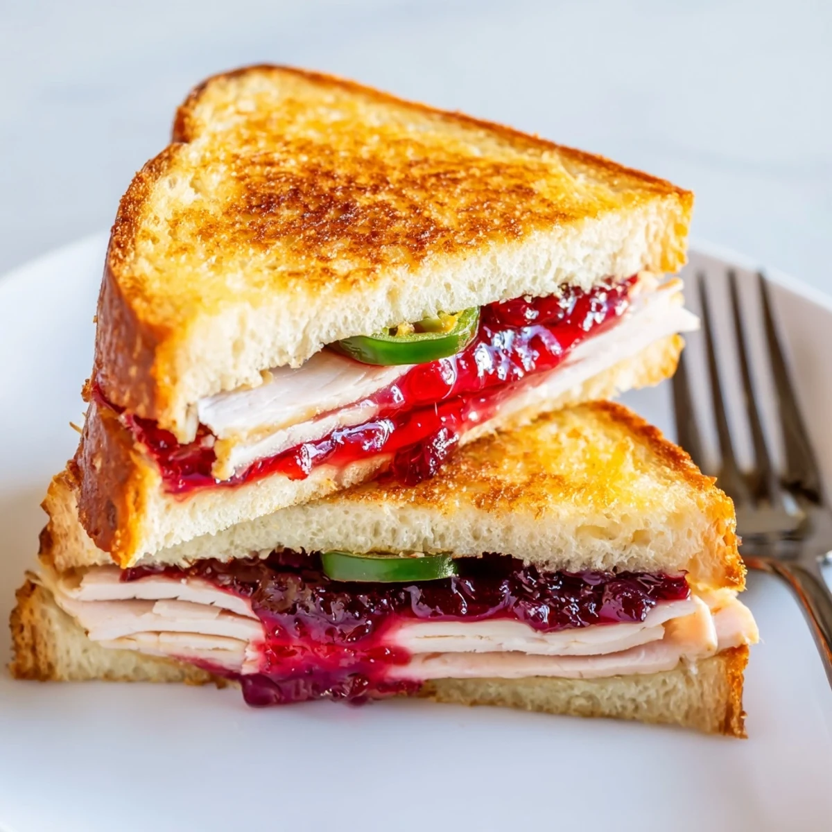 Golden, toasted Air Fryer Jalapeño Cranberry Turkey Grilled Cheese, oozing with melted cheese and cranberry.