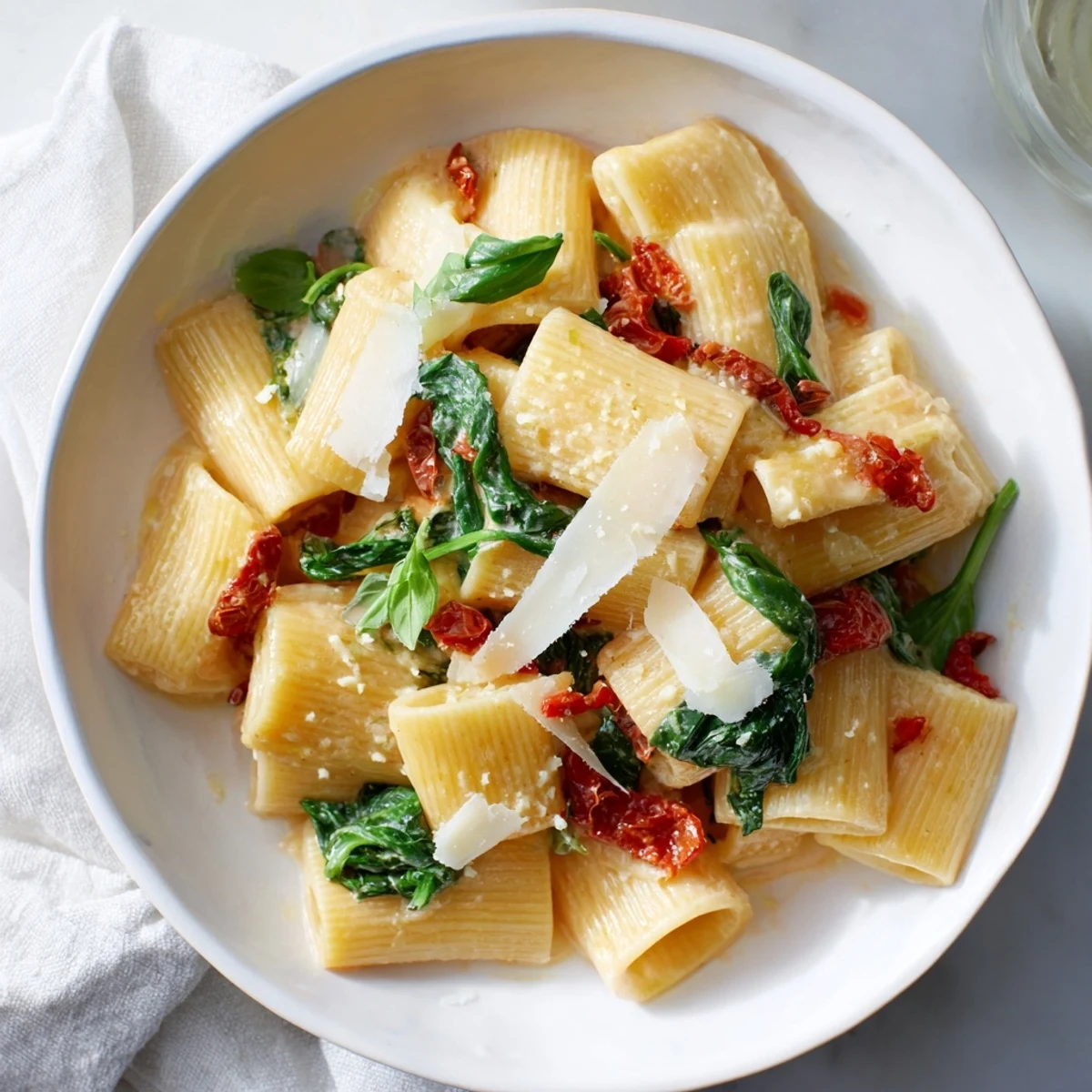 A steaming bowl of Creamy Sun-Dried Tomato Spinach Pasta, boasting vibrant colors and a rich, creamy sauce.
