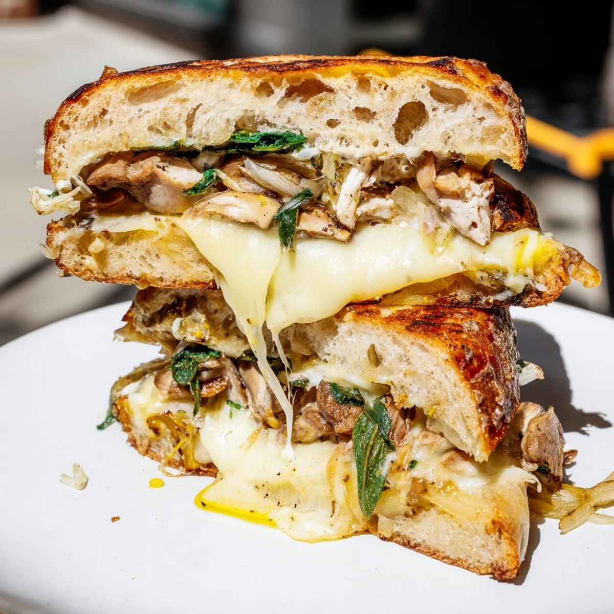 Golden-brown Roast Garlic Mushroom & Thyme Grilled Cheese, oozing with melted Gruyère and mozzarella.