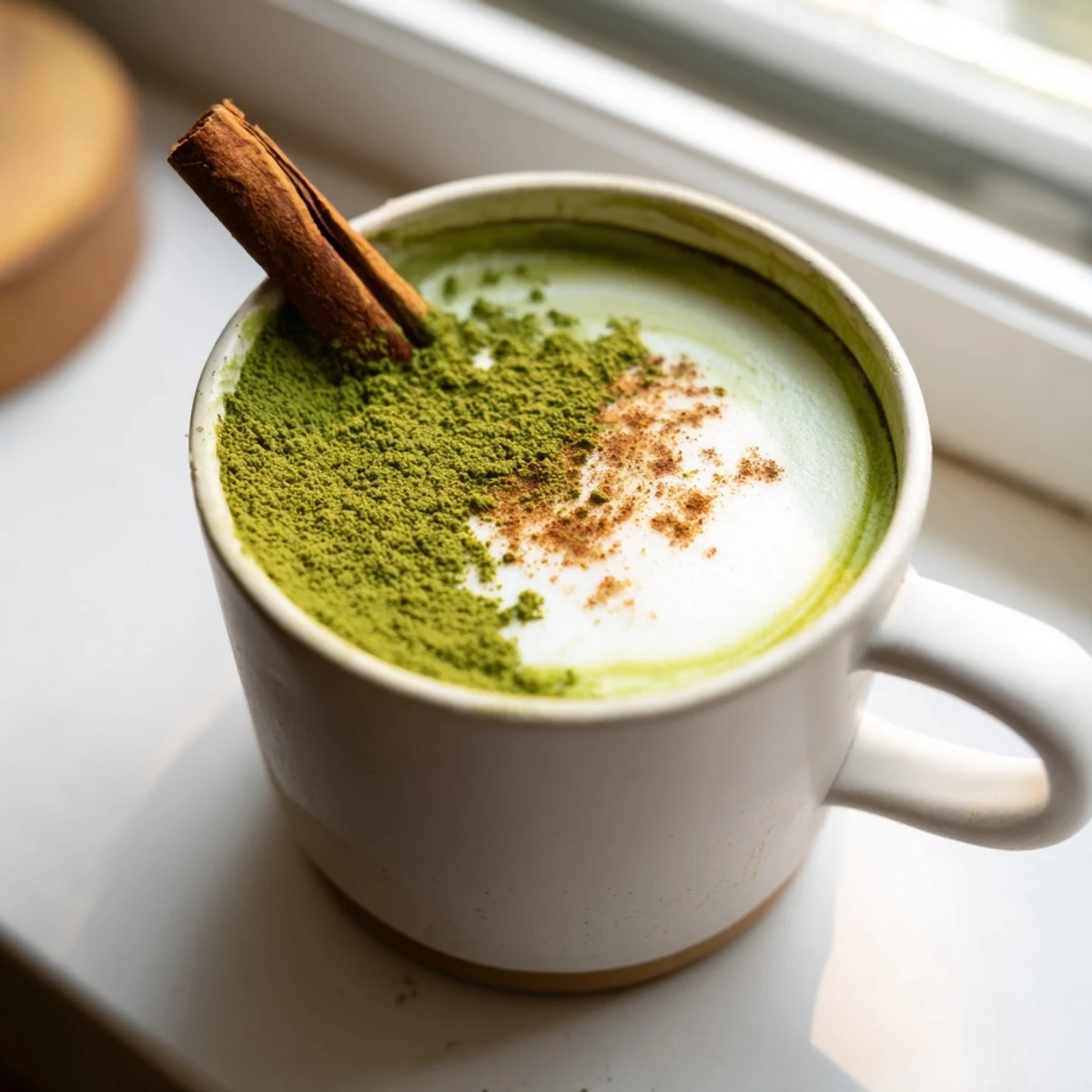 A vibrant green Maple Cinnamon Gingerbread Matcha Oat Latte, topped with cinnamon, ready to sip.