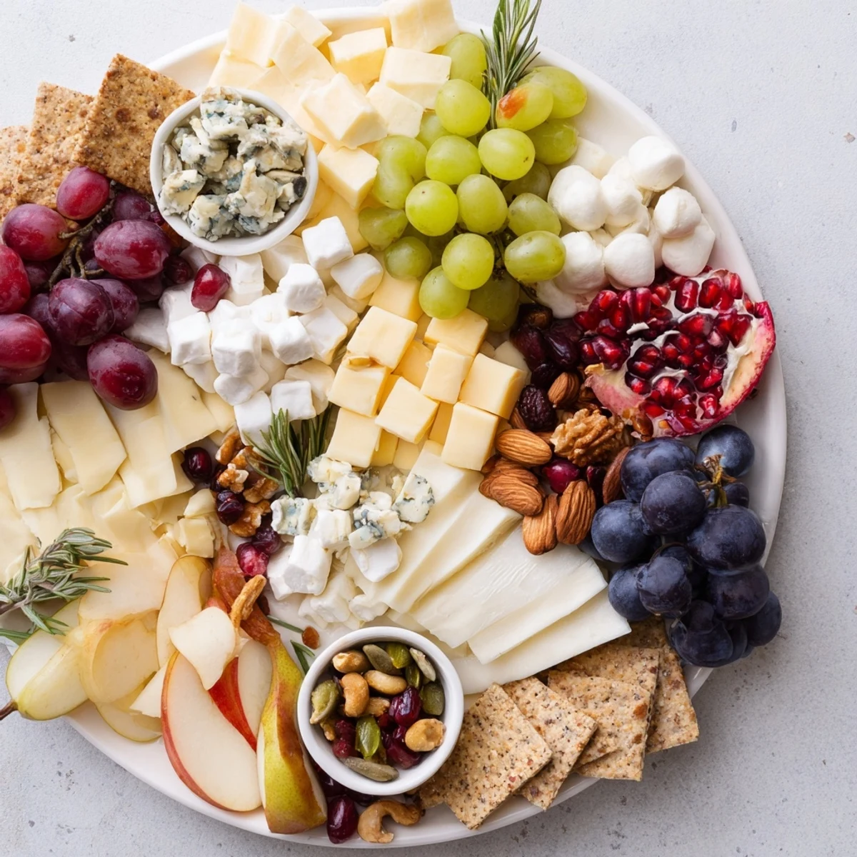 A beautifully arranged Winter Wonderland Grazing Tray, overflowing with festive cheeses, fruits, and treats.