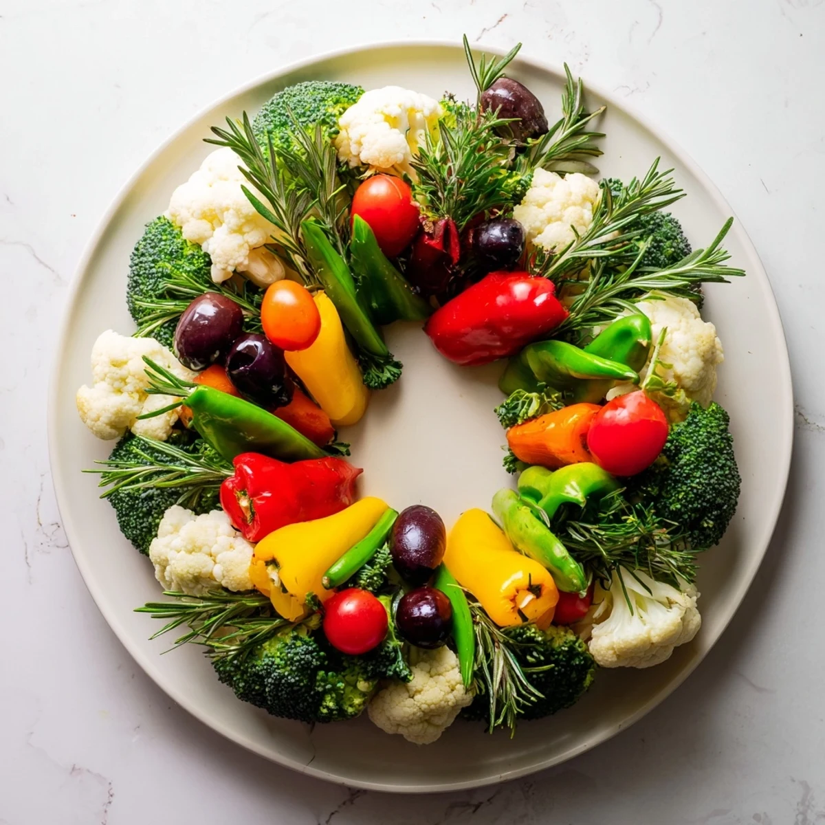 Healthy Garland Veggie Wreath, artfully arranged on a platter, perfect for any holiday gathering.