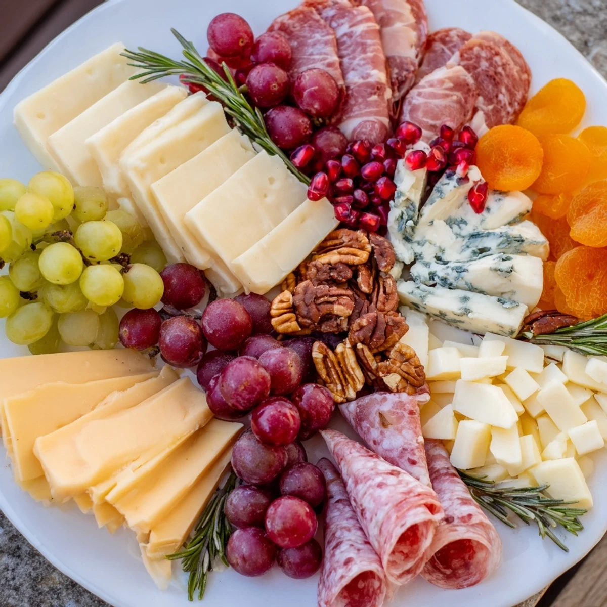 Artisan cheeses, meats, and fruits create a beautiful Sleigh Ride Charcuterie board ready for serving.