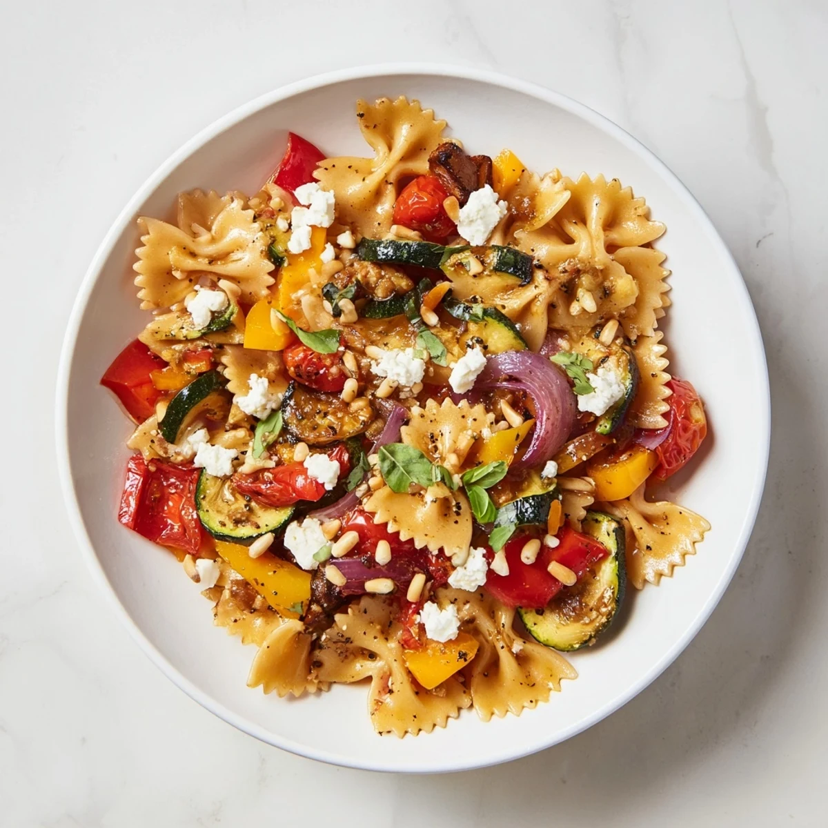Freshly tossed Festive Bow Tie Pasta, bright with lemon dressing and herbs, ready to serve with wine.