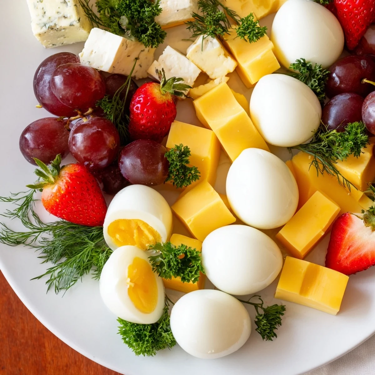 Vibrant Easter Egg-cellent Brunch Board with colorful eggs, fresh fruit, and cheeses—perfect for sharing.