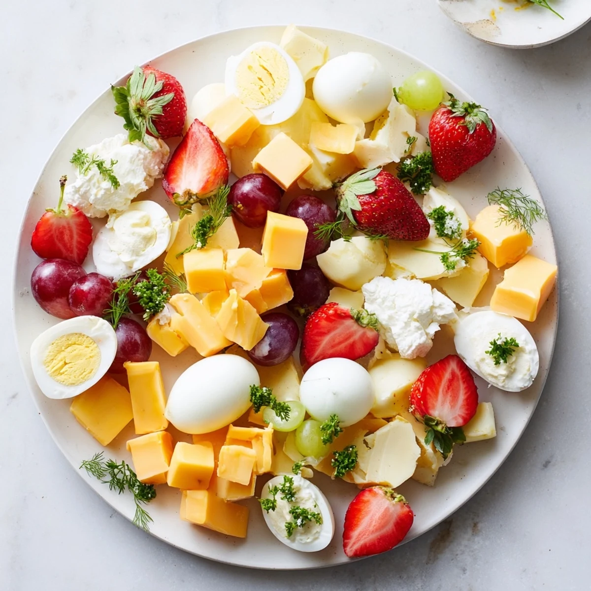 A delicious display of Easter Egg-cellent Brunch Board ingredients: fresh fruit, assorted cheeses, and perfect boiled eggs.