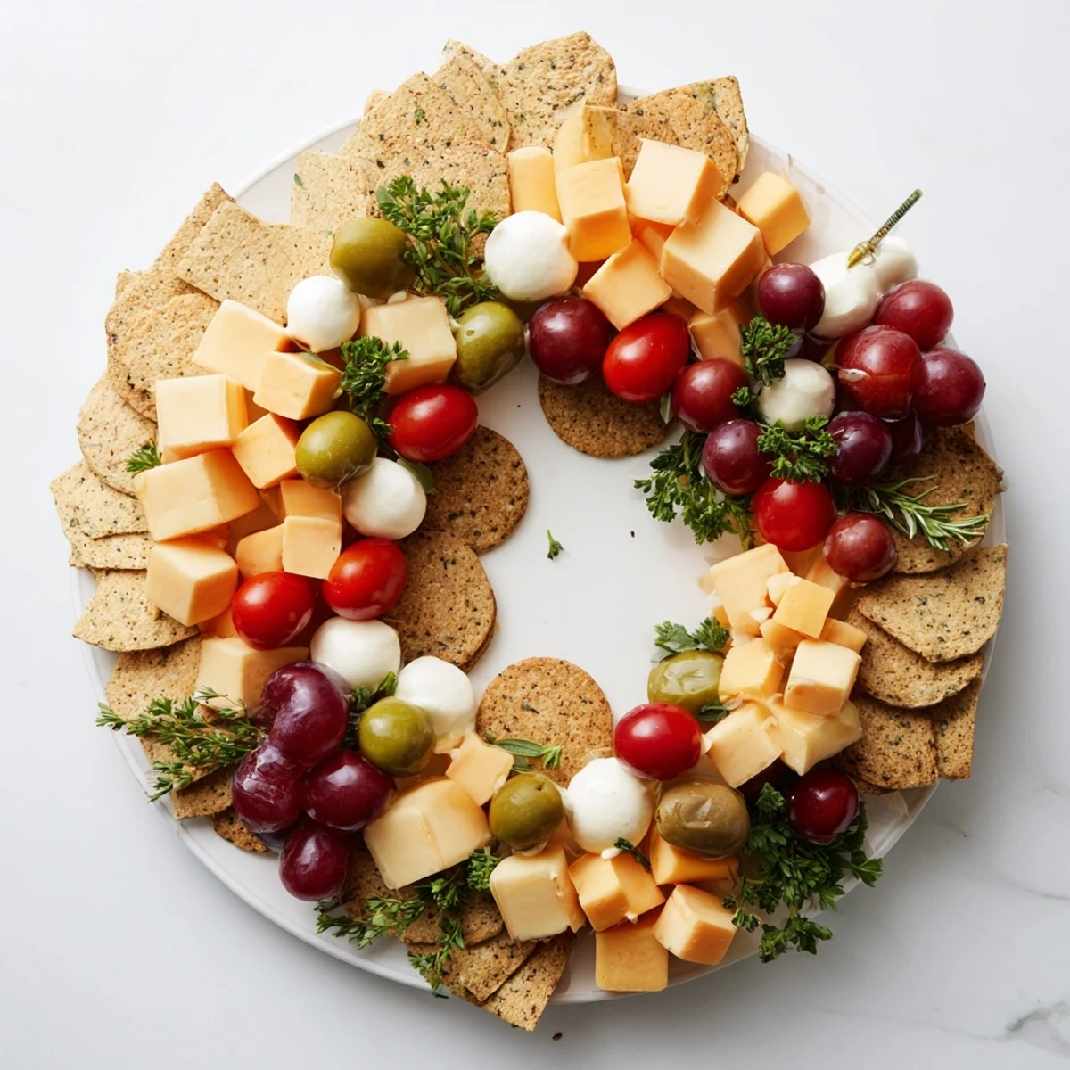 Jingle Bell Cheese & Cracker Wreath: a vibrant, festive appetizer wreath of cheeses, crackers, and colorful fresh garnishes.
