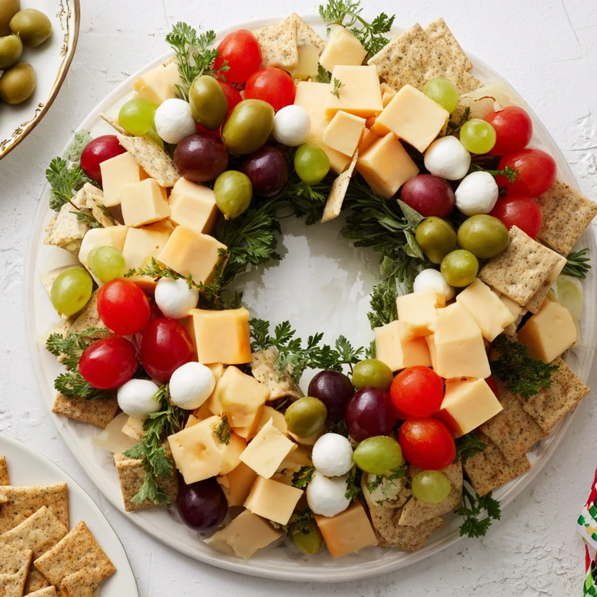 A delicious Jingle Bell Cheese & Cracker Wreath arrangement, perfect for holiday gatherings and parties, ready to serve.