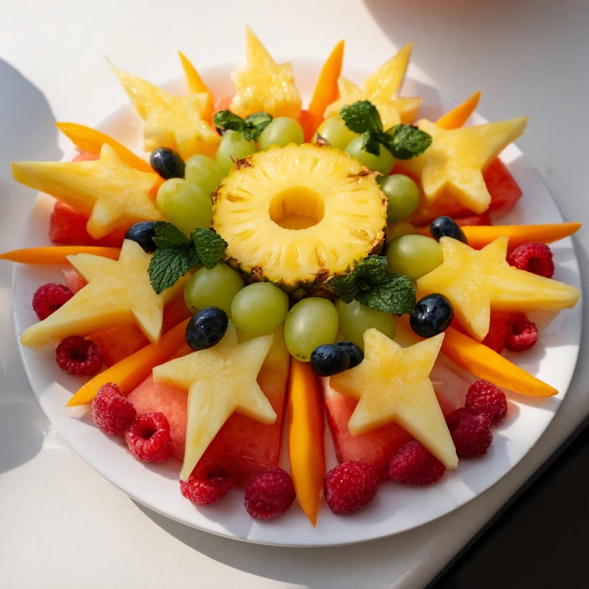 Vibrant Summer Rays Sun-Shaped Fruit Tray, bursting with colorful mangoes, oranges, and watermelon stars.