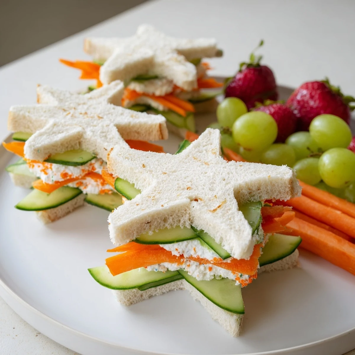 Beach Day Starfish Snack Spread: Adorable starfish sandwiches with colorful fruits and crunchy snacks on a platter.