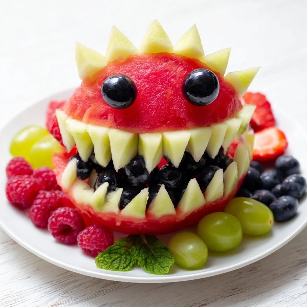 Bright, colorful Watermelon Wave Shark Snack Board features strawberries, grapes, and a whimsical shark design.