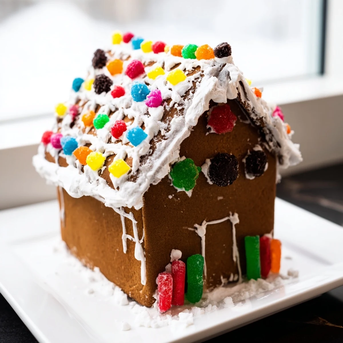 Imagine a close up of the finished gingerbread house recipe, covered in white frosting and sweet treats.