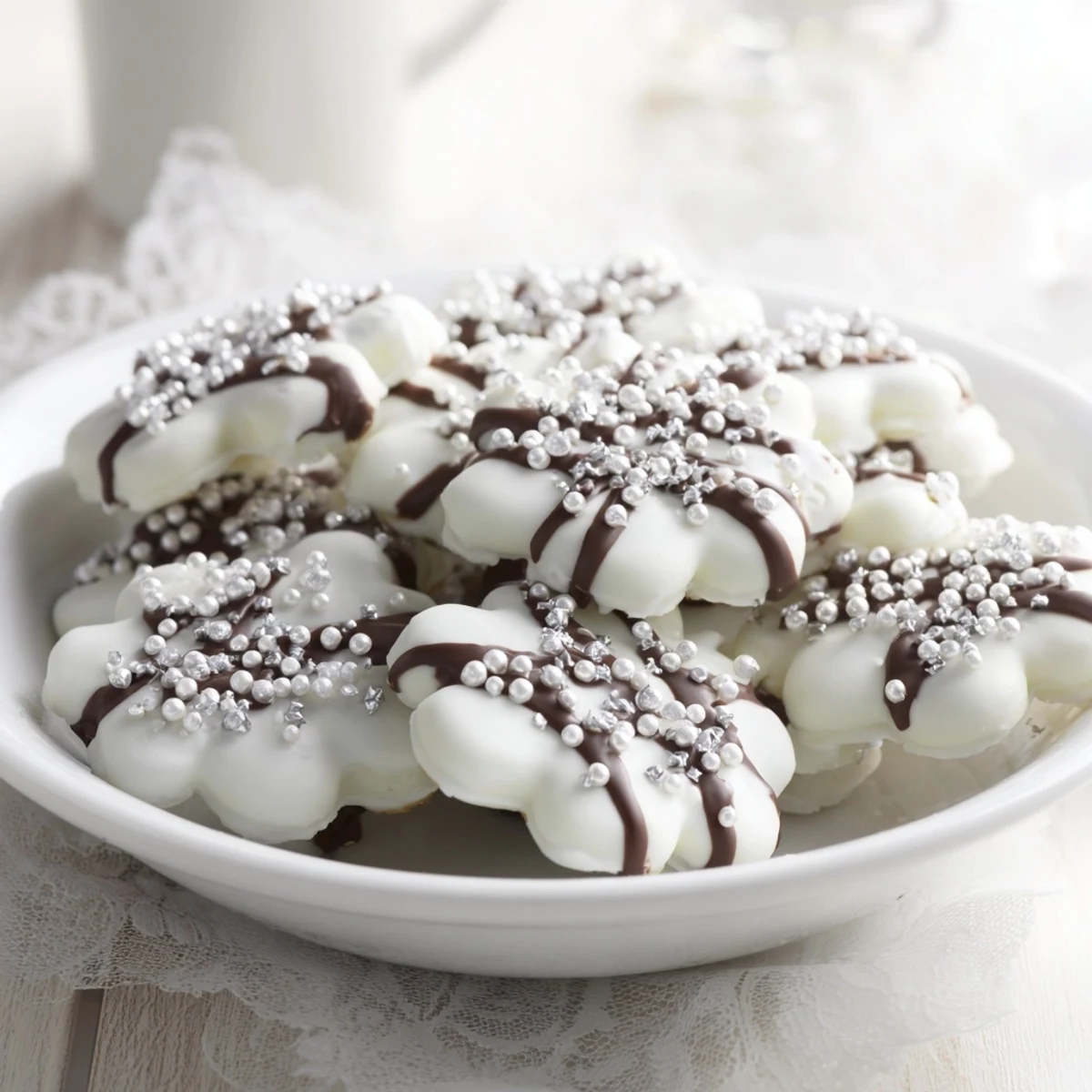 Golden, glistening snowflake platter featuring delicate, perfectly baked winter snowflake cookies, ready to be enjoyed.