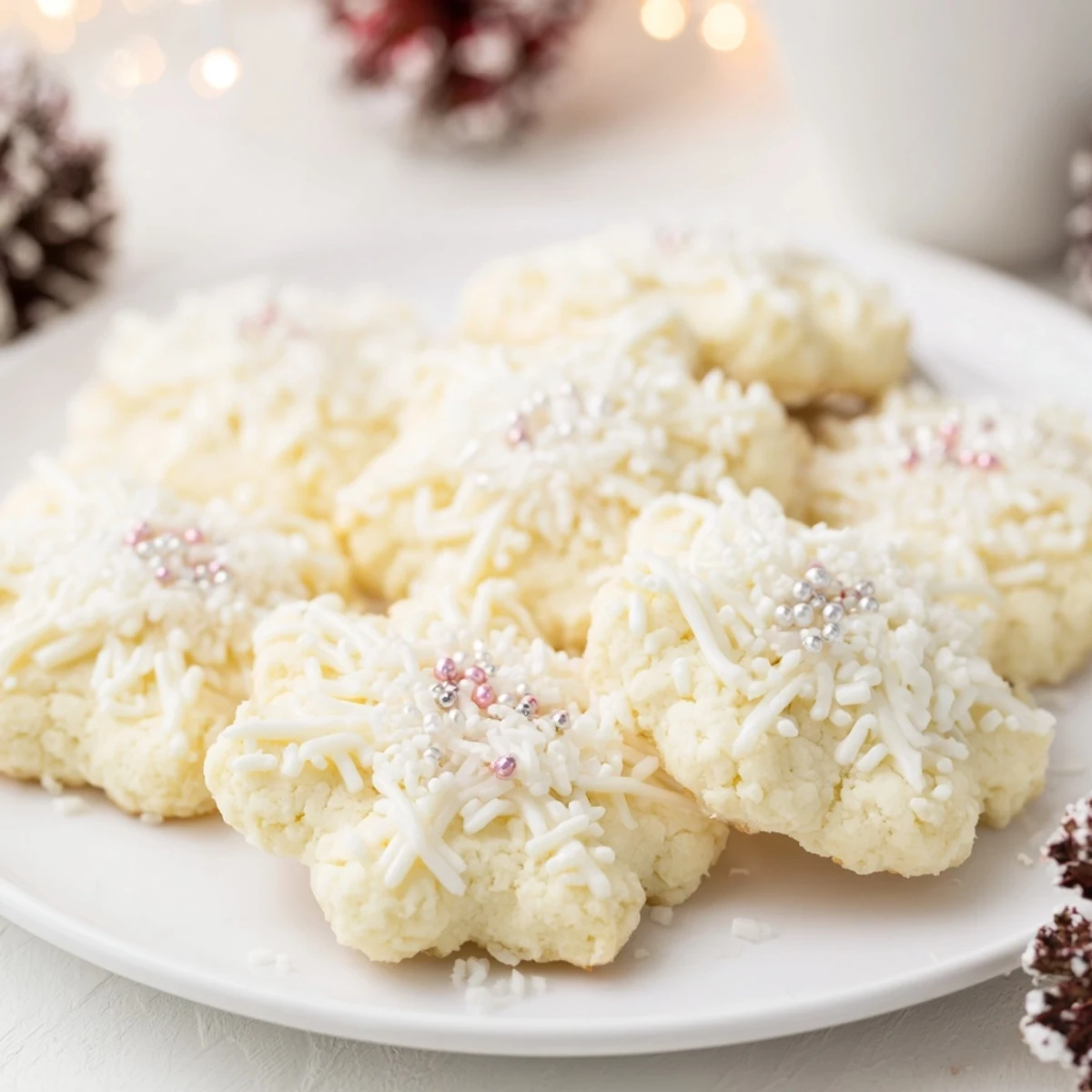 Close-up photo of the stunning winter snowflake platter, showing cookies adorned with white chocolate and silver sprinkles.