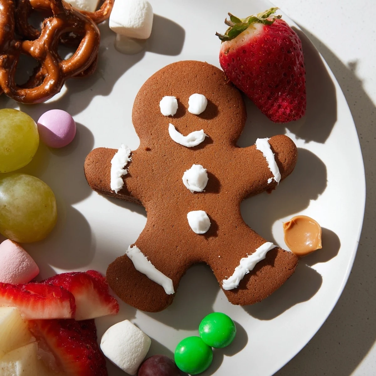 Gingerbread Man Cookie Board brimming with iced gingerbread men, chocolate pretzels, and fresh fruit.